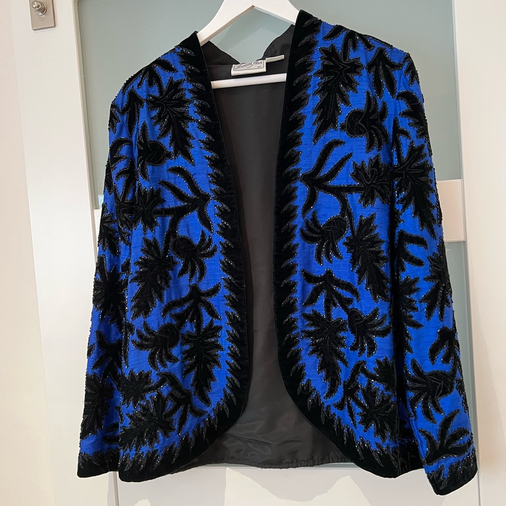 Judith Anne Blue and Black Embroidered Jacket. Silk & Black Velvet.